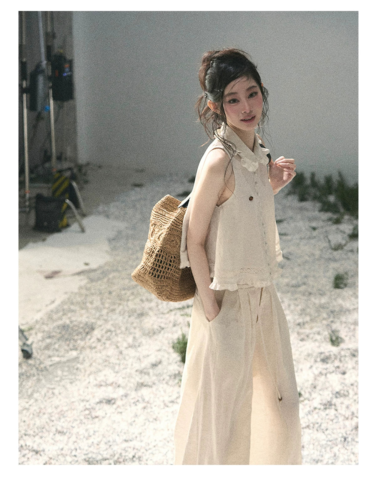 "Soft Cloud Reverie" Dutch Cream Lace Top & Bubble Skirt & Wide-Leg Pants Set 5468465