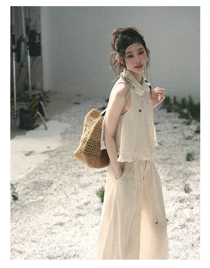 "Soft Cloud Reverie" Dutch Cream Lace Top & Bubble Skirt & Wide-Leg Pants Set 5468465