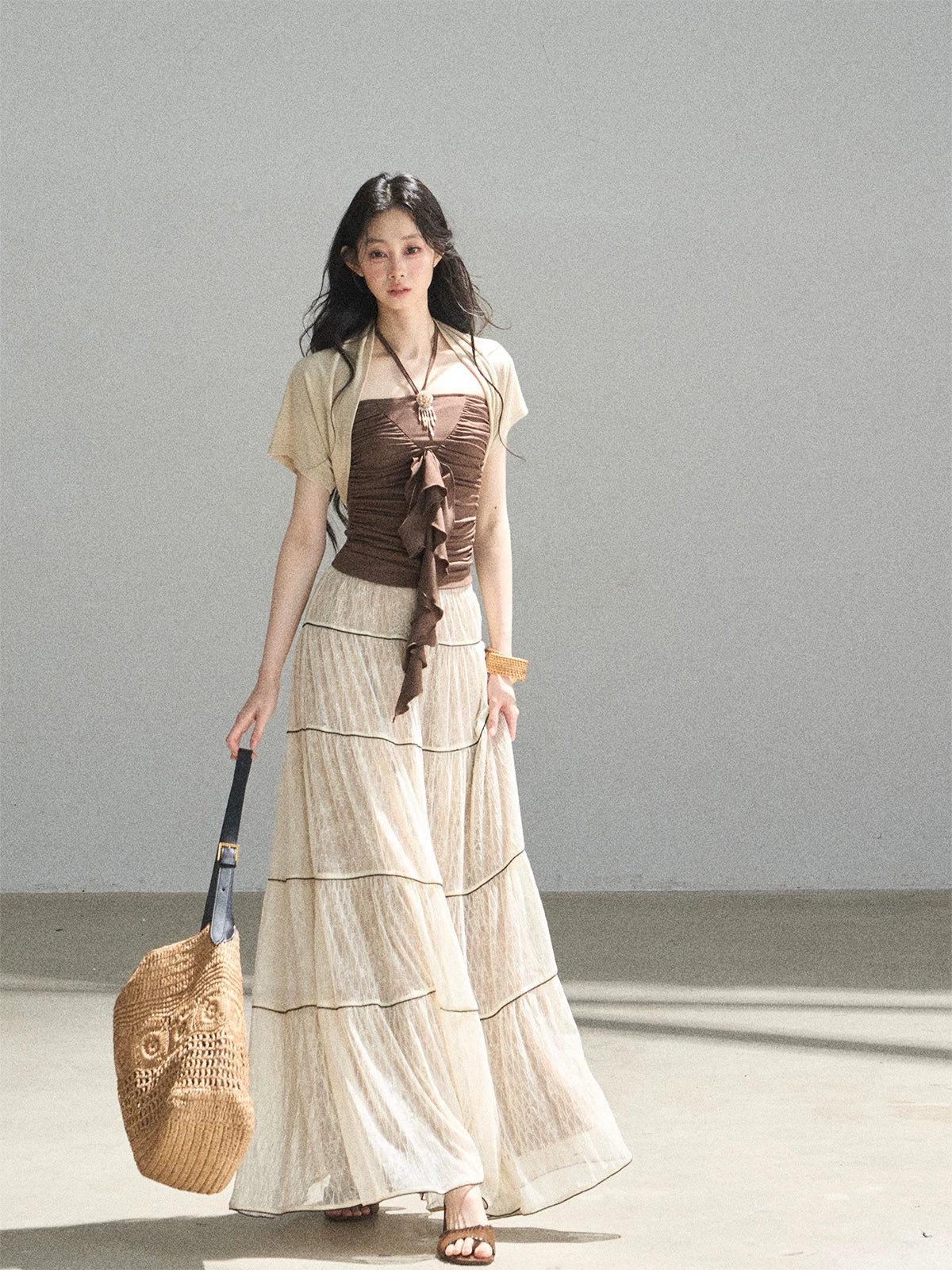 "In the Evening Breeze" Chestnut Brown Halter Ruched Top & Milk Tea Shrug Set
