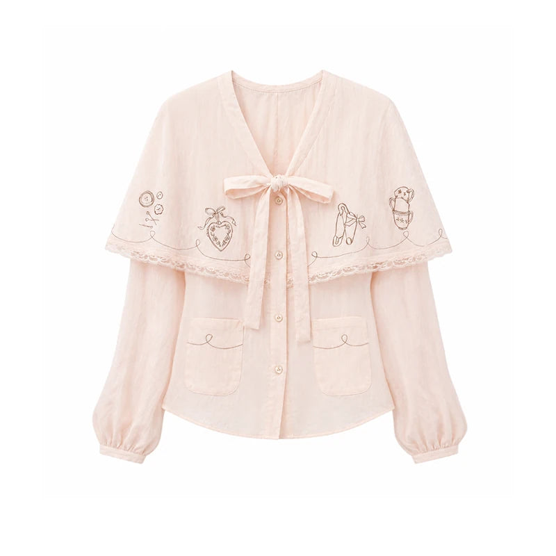 DAILY ARTIST - “Soft Pink Notes” Pink Vintage Tencel Lace Cape Blouse