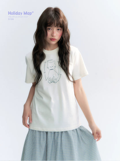 "Garden Kitty" Ivory Embroidered Cat Cotton T-Shirt
