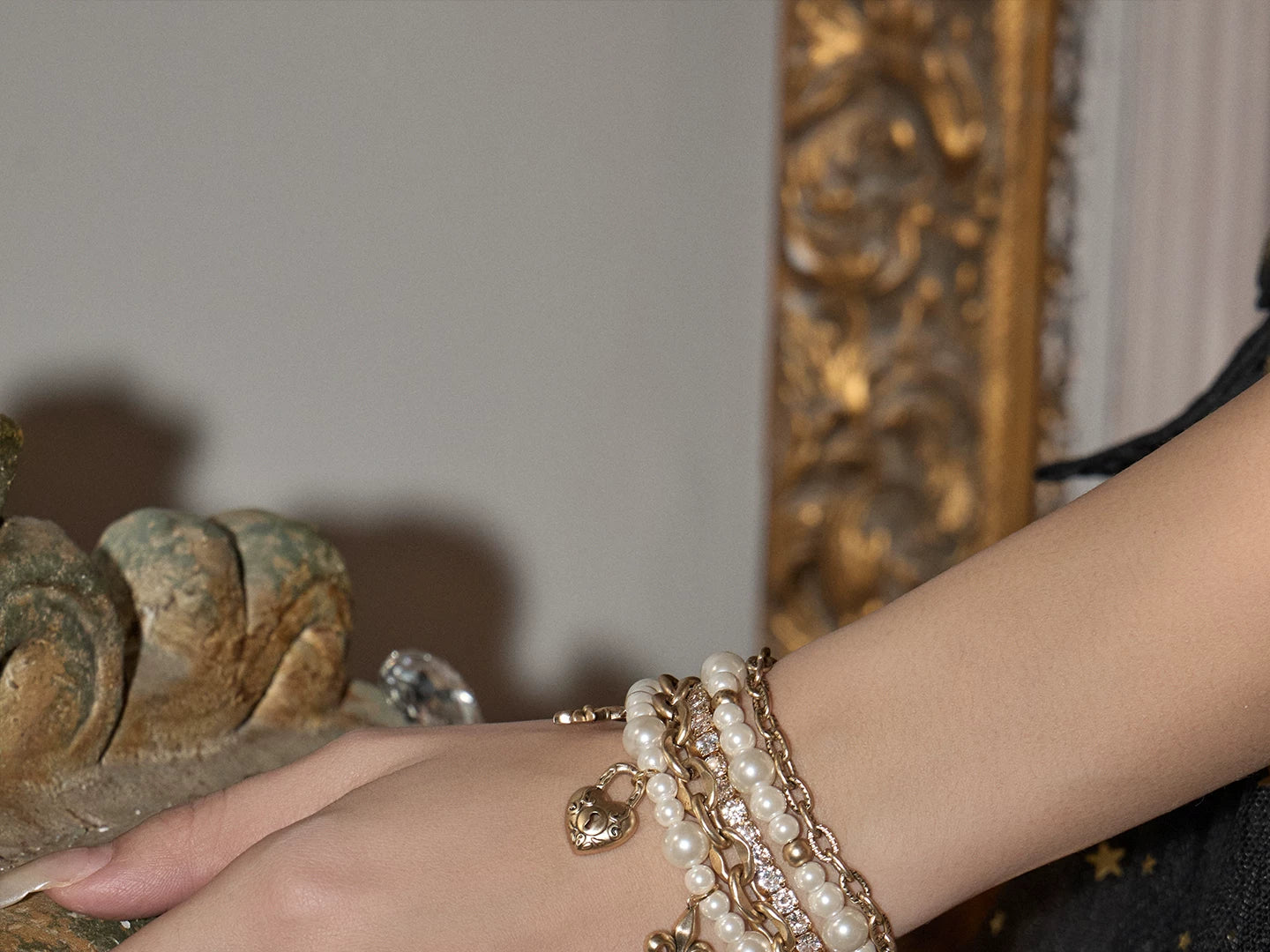 Layered Pearl Heart Charm Bracelet – Vintage Lock Heart Multi-Strand Beaded Bracelet for Women