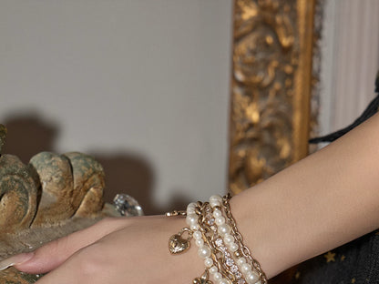 Layered Pearl Heart Charm Bracelet – Vintage Lock Heart Multi-Strand Beaded Bracelet for Women