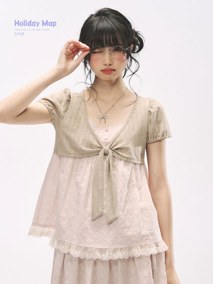 "Sweetheart Pages" Blush Pink Bow Puff Sleeve Top & A-Line Skirt Set