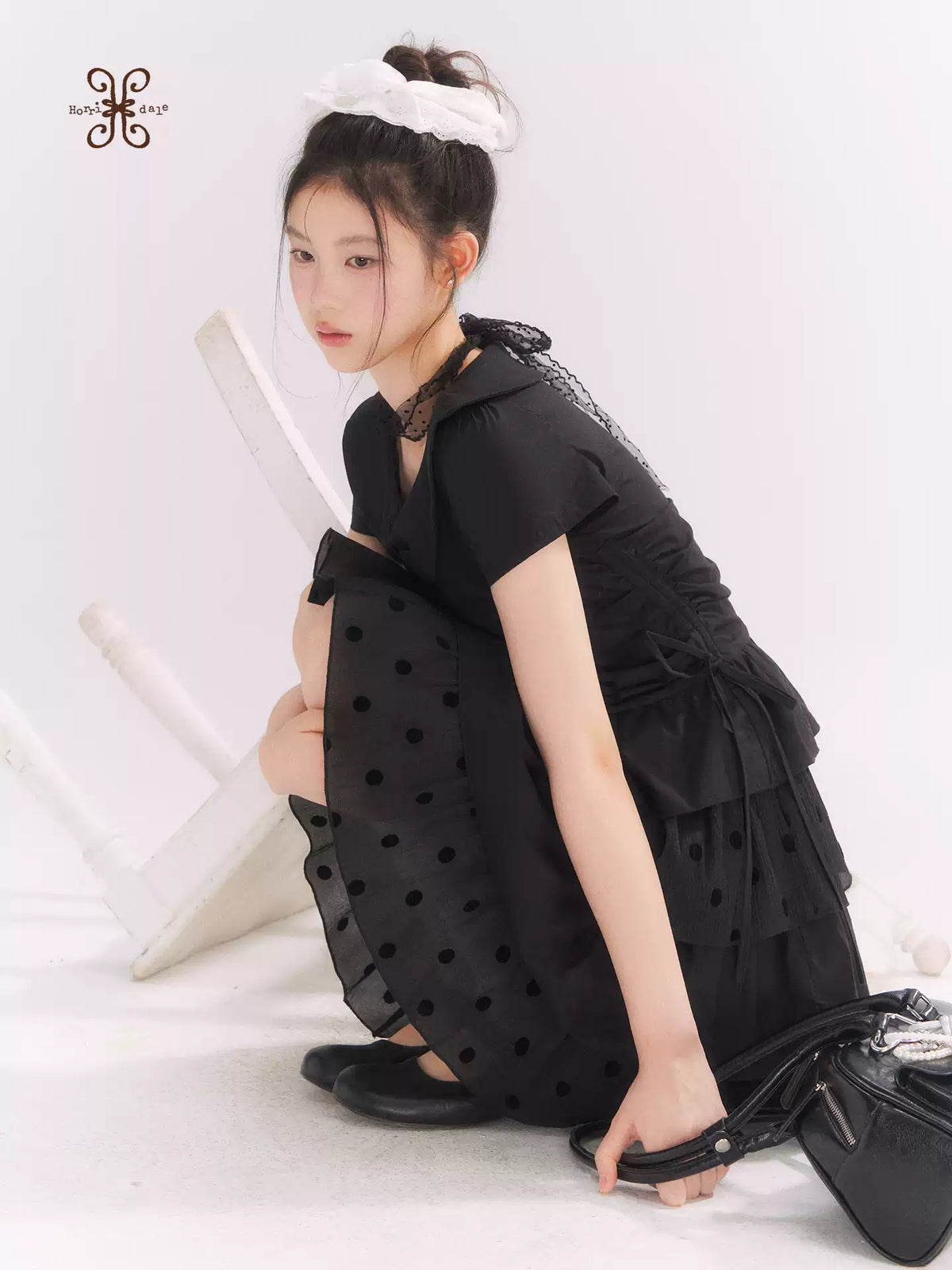 “Midnight Sweetheart” Black Korean-Style Bow Polka Dot Tiered Dress