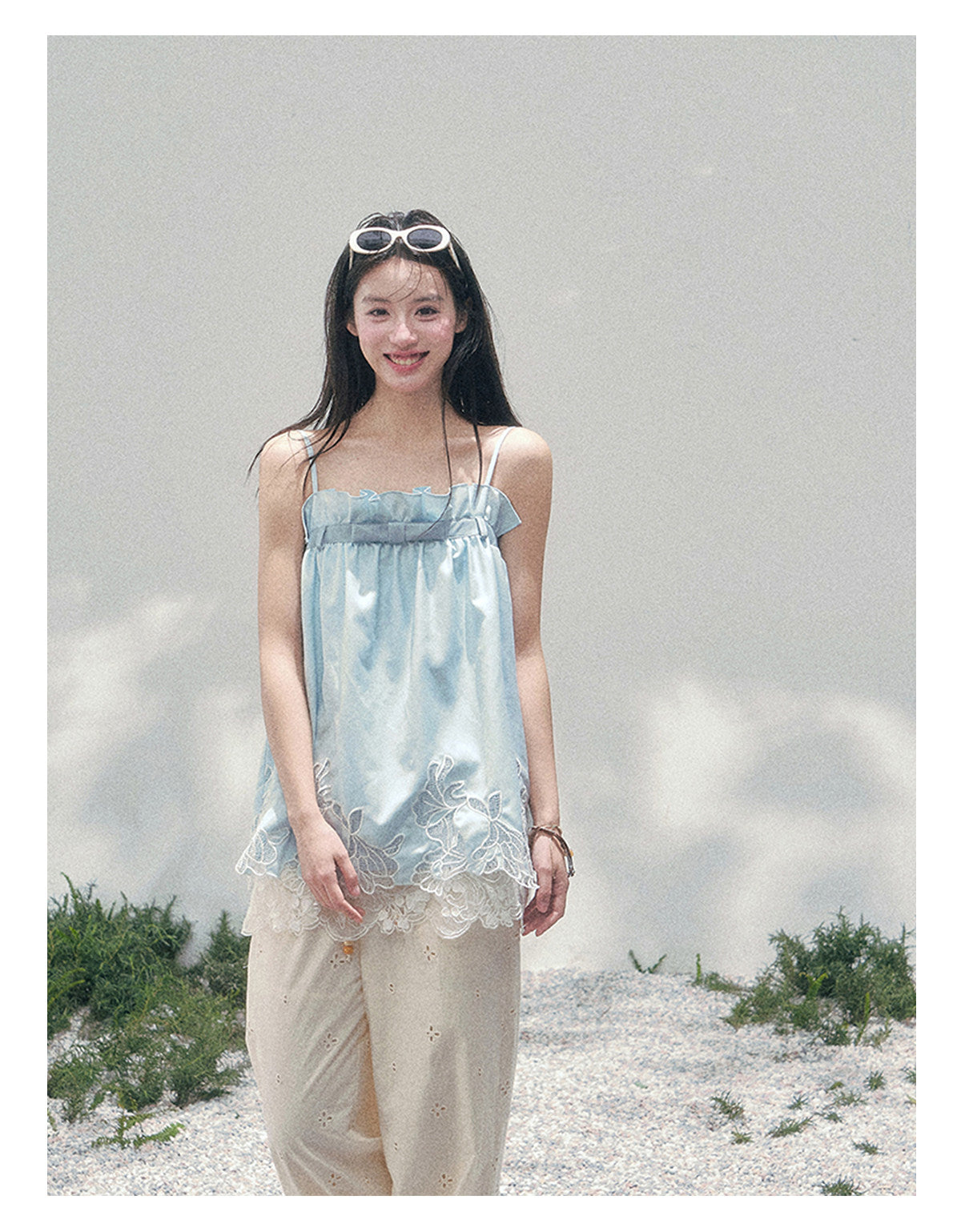 “Bouquet Summer” Glacier Blue Lace Babydoll Top