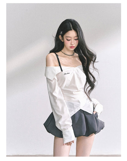 少也眼 "London Reveries" Off-Shoulder Plaid Sun-Proof Shirt - White