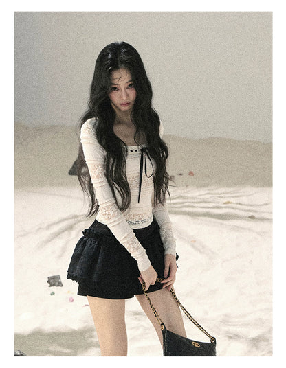 "Summer Shimmer Reverie" Creamy Oat White Lace Cutout Cardigan & Camisole Set 5864536513
