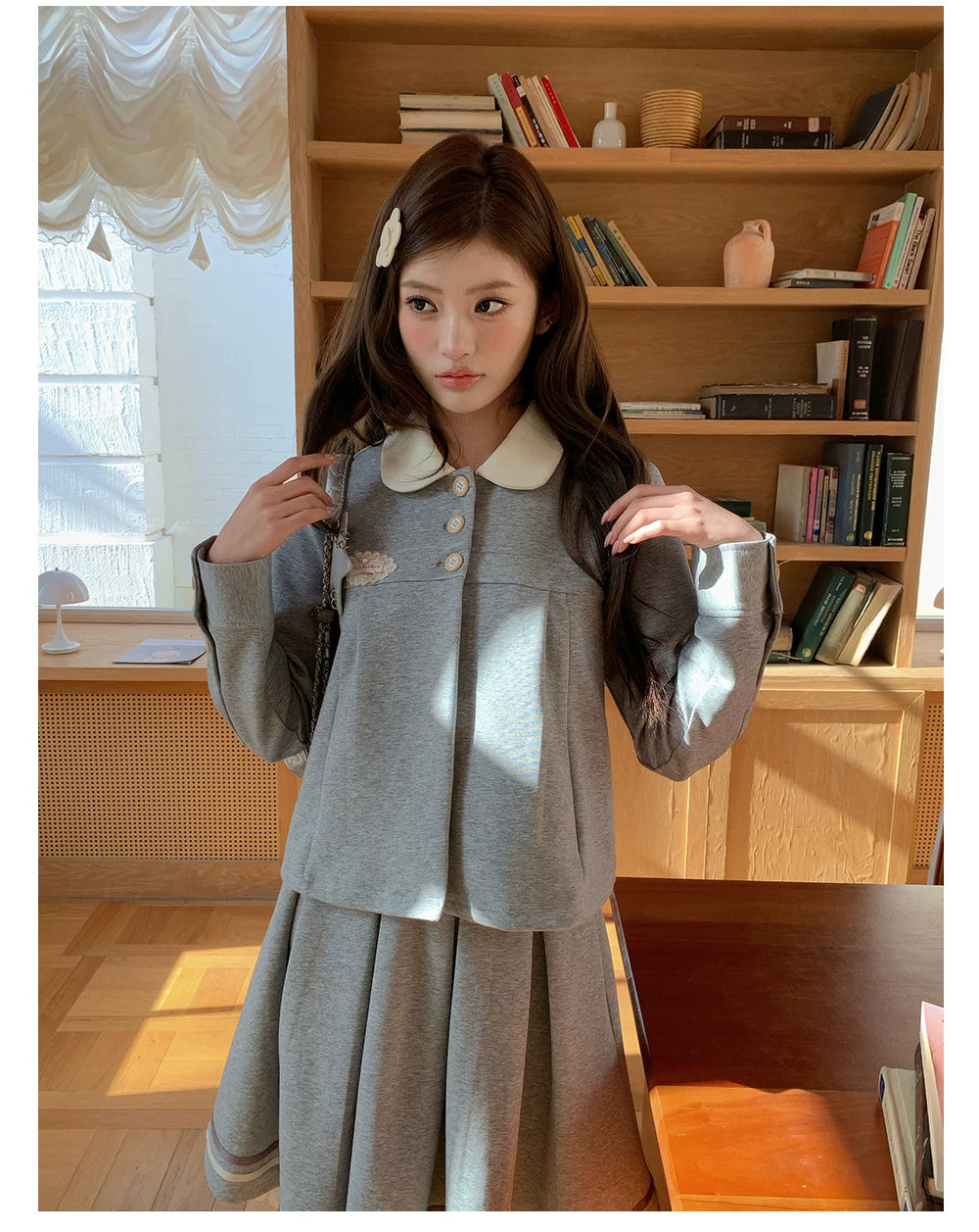 “Misty Academy Reverie” Light Grey Cropped Top & Bubble Mini Skirt