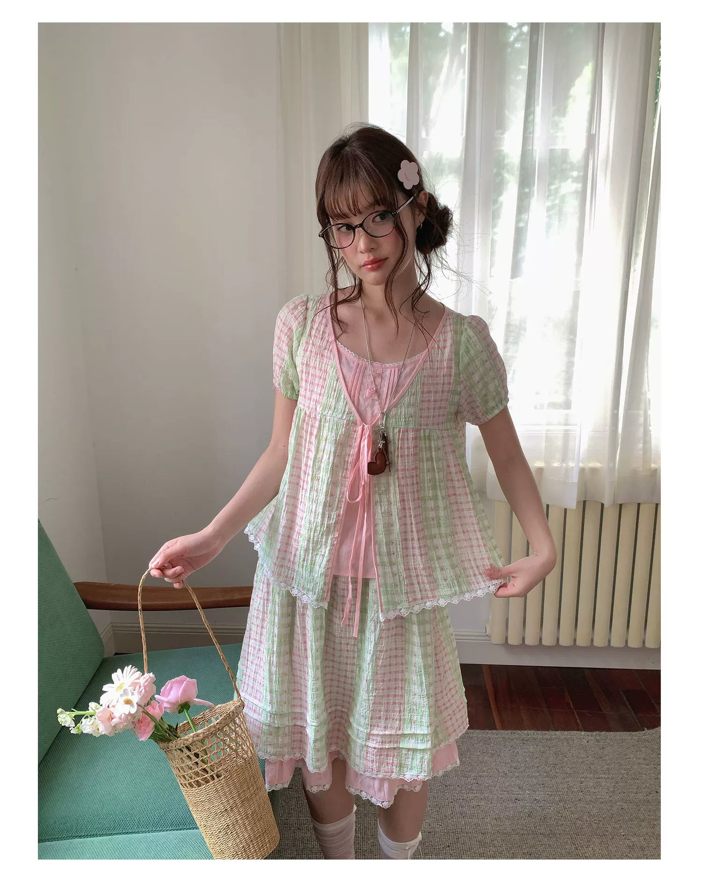 [RF] “Green Grape Picnic” Pastel Plaid Two-Piece Skirt Set