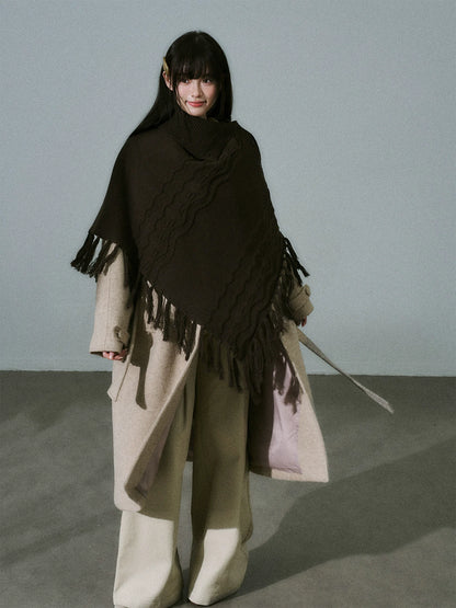 LOST FOREST - Wool-Blend Bow Graphic Fringe Cape Shawl (Coffee / Dark Gray)