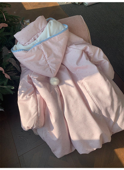 阮阮自制 - Berry Cream Pink Polka Dot Hooded Corduroy Padded Jacket