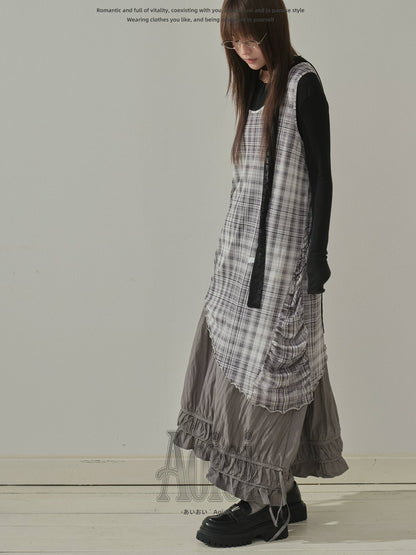 "Quiet Layers" Gray Plaid Mesh Layering Maxi Dress