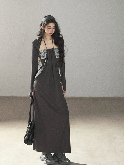 AOMALM - "Twilight River Cove" Cloud Mist Gray Striped Knit Shoulder Wrap Dress Set