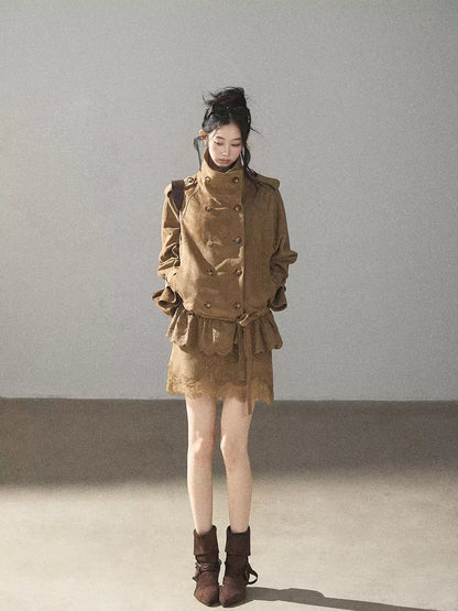 AOMALM - Sandstone Brown Faux-Suede Jacket & Lace-Trim Mini Skirt Set