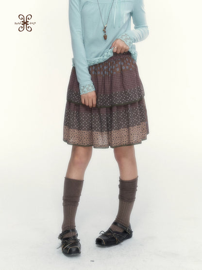 “Caramel Patchwork” Brown Patchwork Floral Plaid Lace A-Line Tiered Skirt