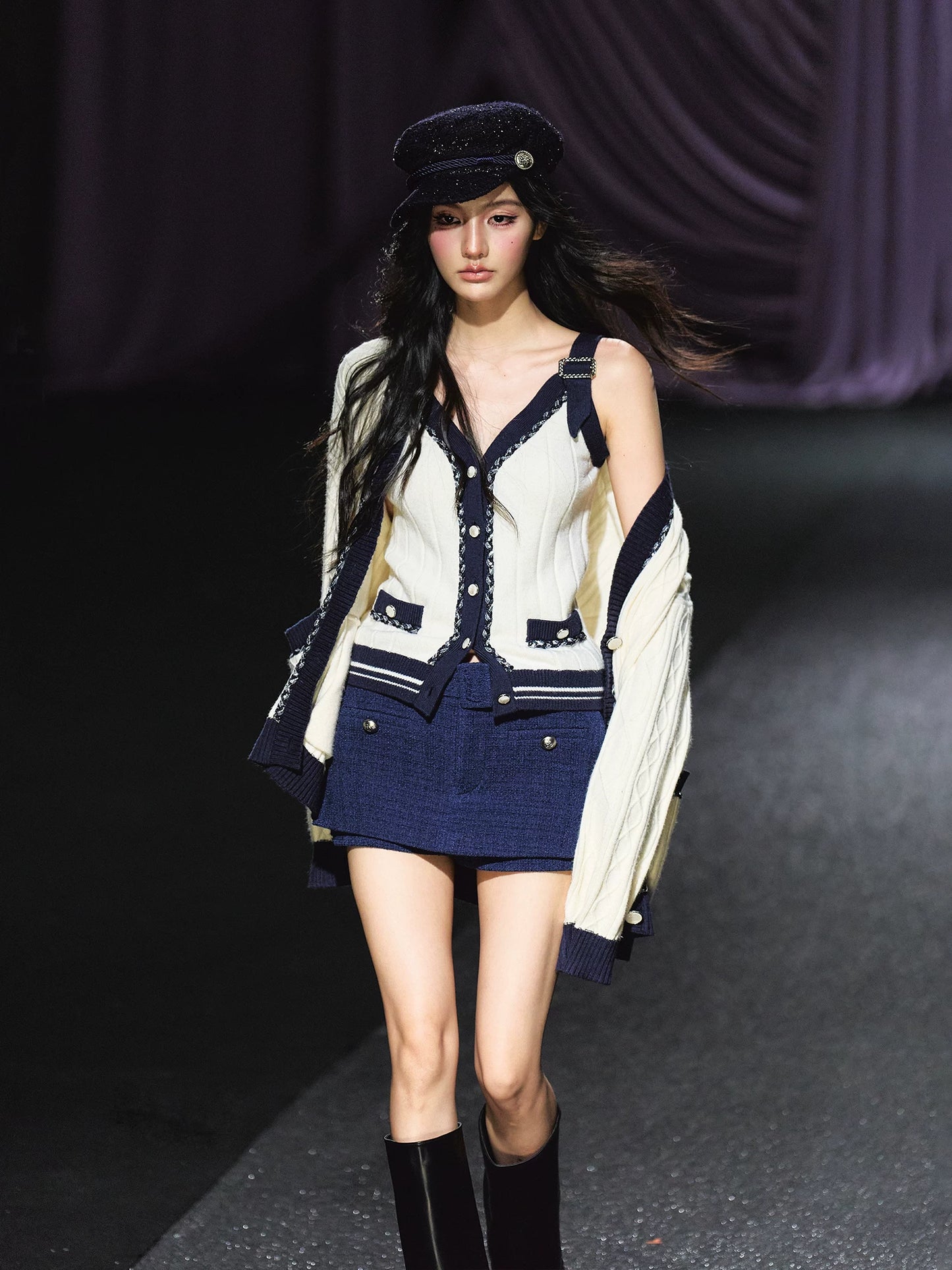 Contrast Knit Cardigan, V-Neck Tank & A-Line Skort Three-Piece Set