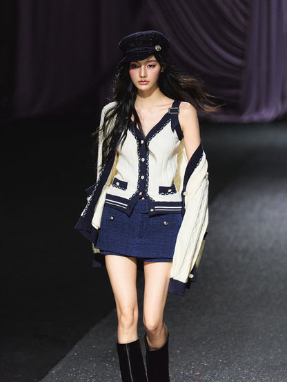 Contrast Knit Cardigan, V-Neck Tank & A-Line Skort Three-Piece Set