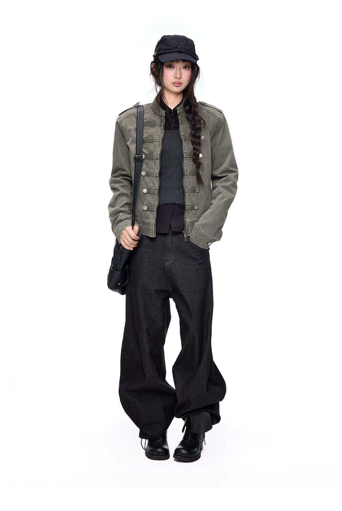 EZEK | Vintage Washed Denim Jacket with Hood and Double-Breasted Buttons (Military Green / Heather Gray)
