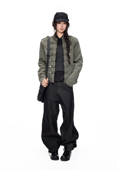 EZEK | Vintage Washed Denim Jacket with Hood and Double-Breasted Buttons (Military Green / Heather Gray)