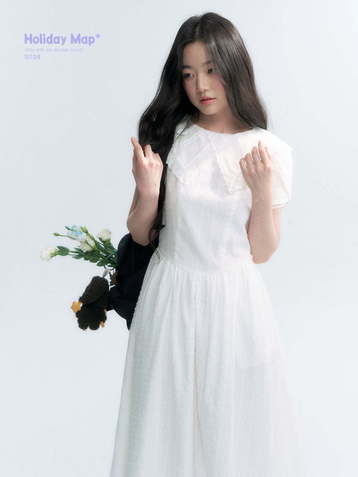 "Moonlight Sonata" White Petal Sleeve Midi Dress