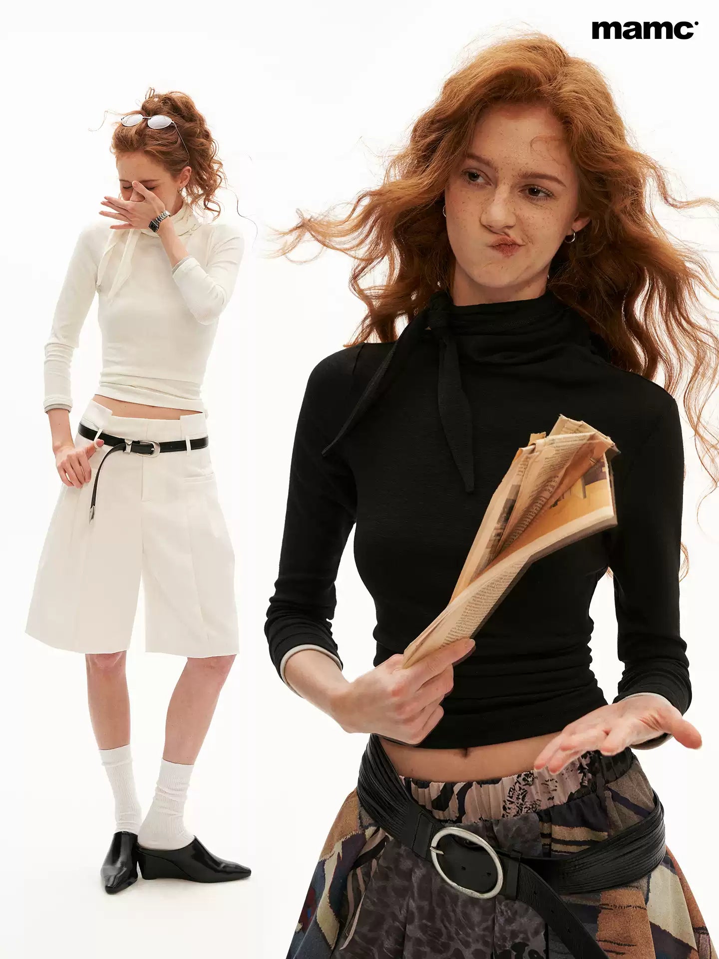 MAMC - Soft Wrap-Tie Fitted Long-Sleeve Top (Red / Black / White / Gray)