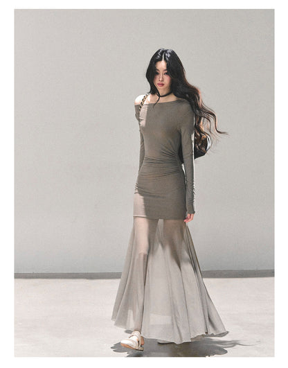 少也眼 "The Silent Heiress" Ash Camel Slim-Fit Evening Maxi Dress 76867845