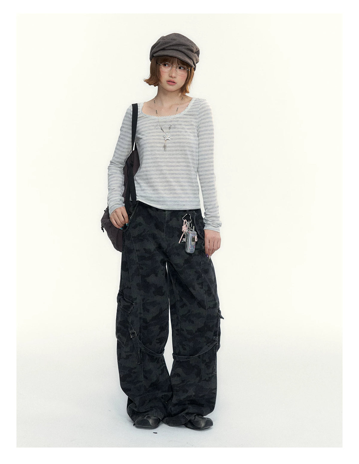 “Early Gray” Light Gray Striped Lace-Trimmed Fitted Long-Sleeve Top