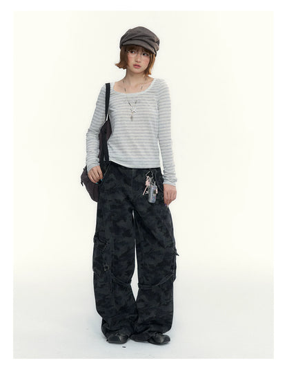 “Early Gray” Light Gray Striped Lace-Trimmed Fitted Long-Sleeve Top