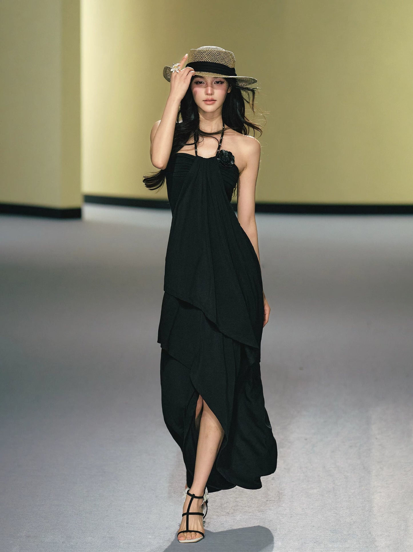 "Moonlit Reverie" Halter Layered Maxi Dress (Black/ Blush Pink)