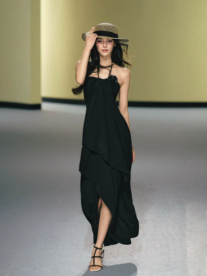 "Moonlit Reverie" Halter Layered Maxi Dress (Black/ Blush Pink)
