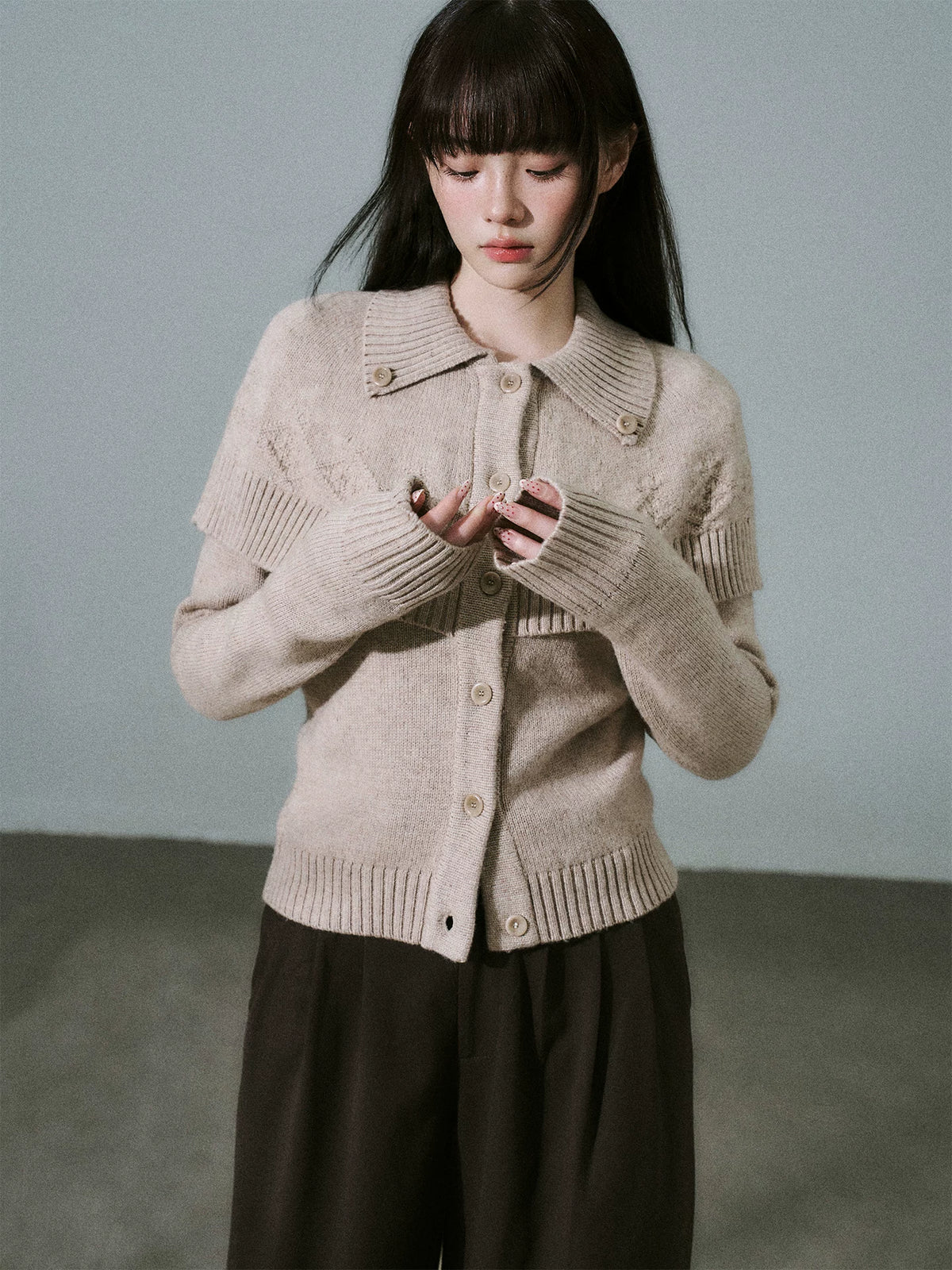 LOST FOREST - Mixed Beige Coffee Cashmere-Wool Cape Cardigan Sweater