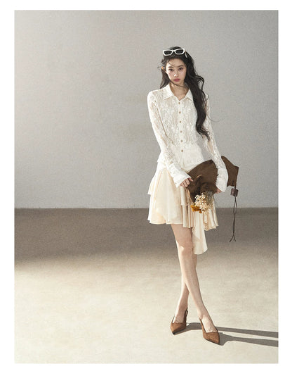 AOMALM - "Vine Texture" Dutch Cream French Lace Polo Collar Cutout Cropped Top