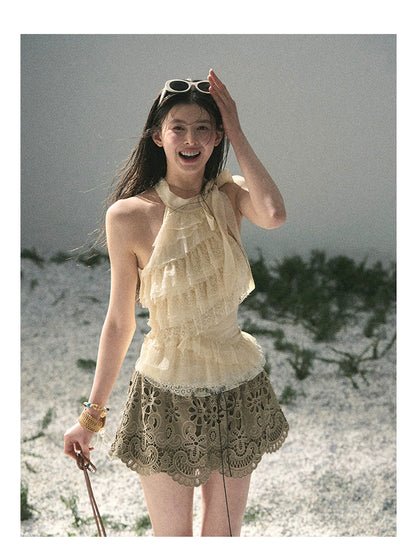 “Spring Traces in Tulle” Pale Butter Lace Halter Top