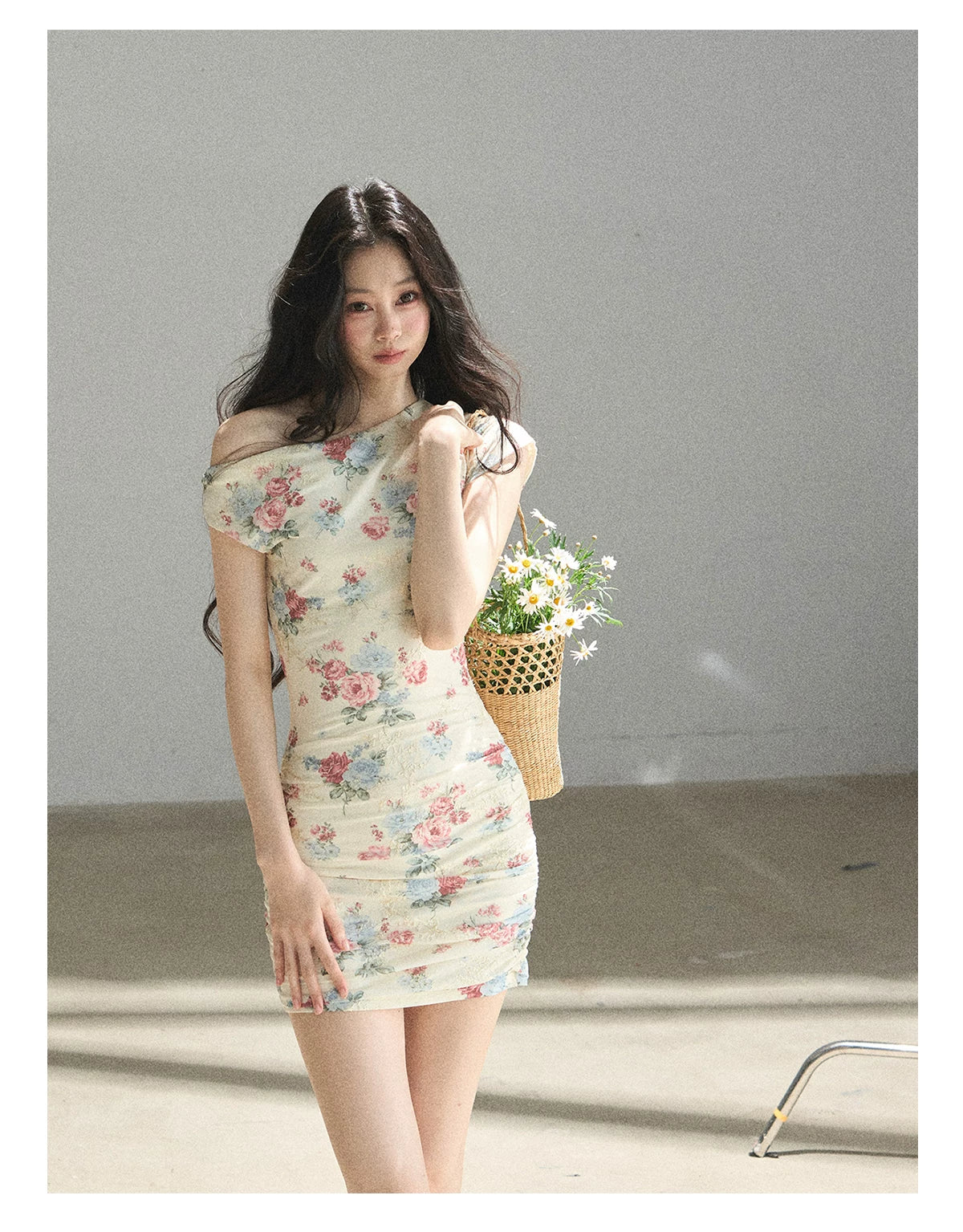 "Flowers & Sunlight" Dutch Cream Off-Shoulder Mesh Bodycon Mini Dress