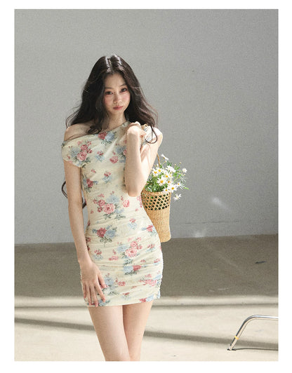 "Flowers & Sunlight" Dutch Cream Off-Shoulder Mesh Bodycon Mini Dress