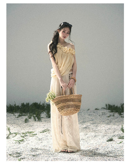 “Where Spring Petals Fall” Milkshake Yellow Ruffle Off-Shoulder Top