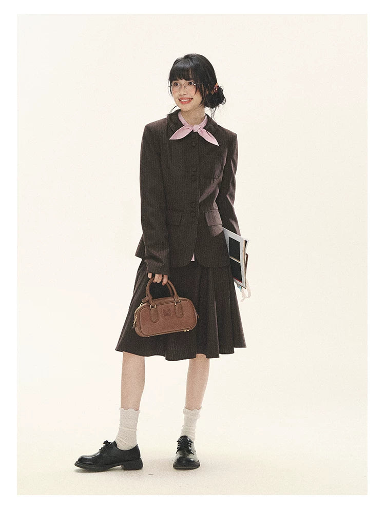 "Academy Memoir" Chocolate Brown Stripe Blazer & Pleated Skirt Set