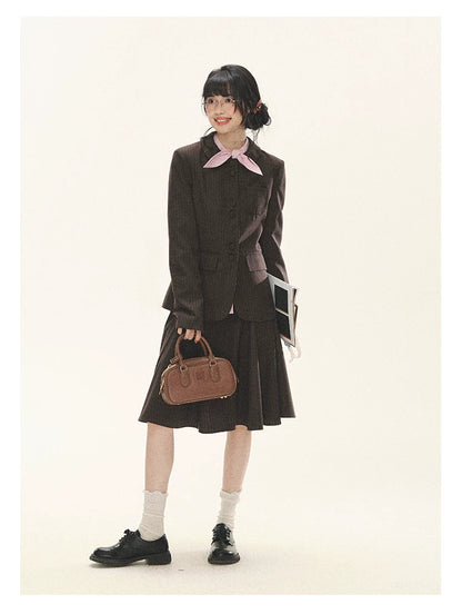 "Academy Memoir" Chocolate Brown Stripe Blazer & Pleated Skirt Set