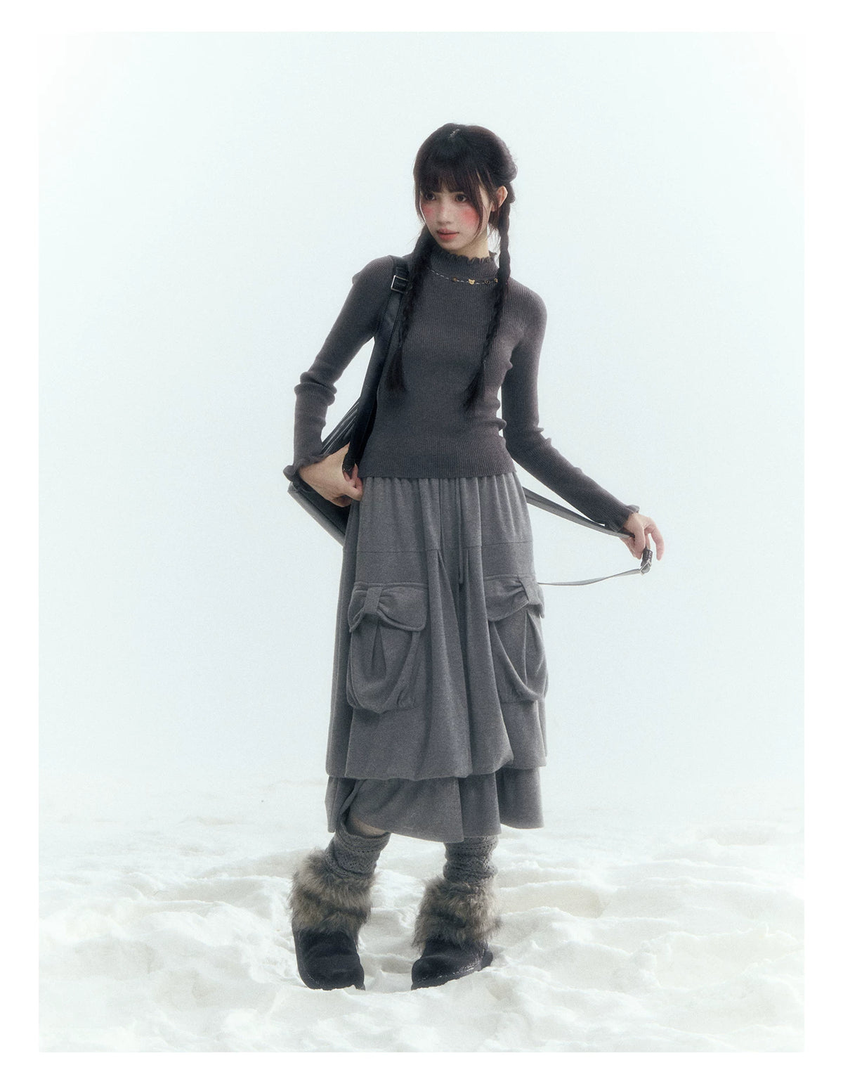 Horridale - Light Gray Pleated Knit Bubble Skirt with Oversized Pockets