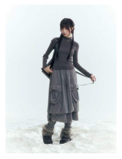 Horridale - Light Gray Pleated Knit Bubble Skirt with Oversized Pockets