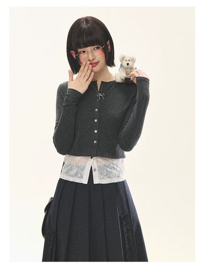 "Layered Blossom" Faux-Layer Knit Cardigan (Sakura Pink/ Heather Gray)