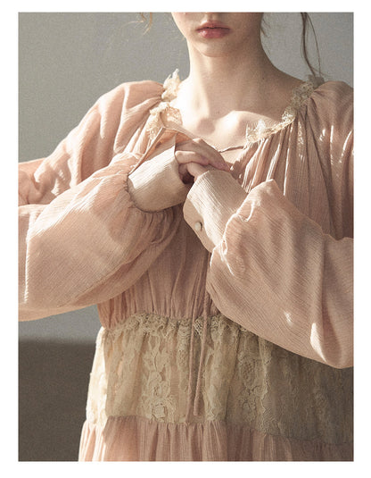 170726 "Ripples of Autumn" Milk Tea Lace Blouse & Bubble Shorts Set