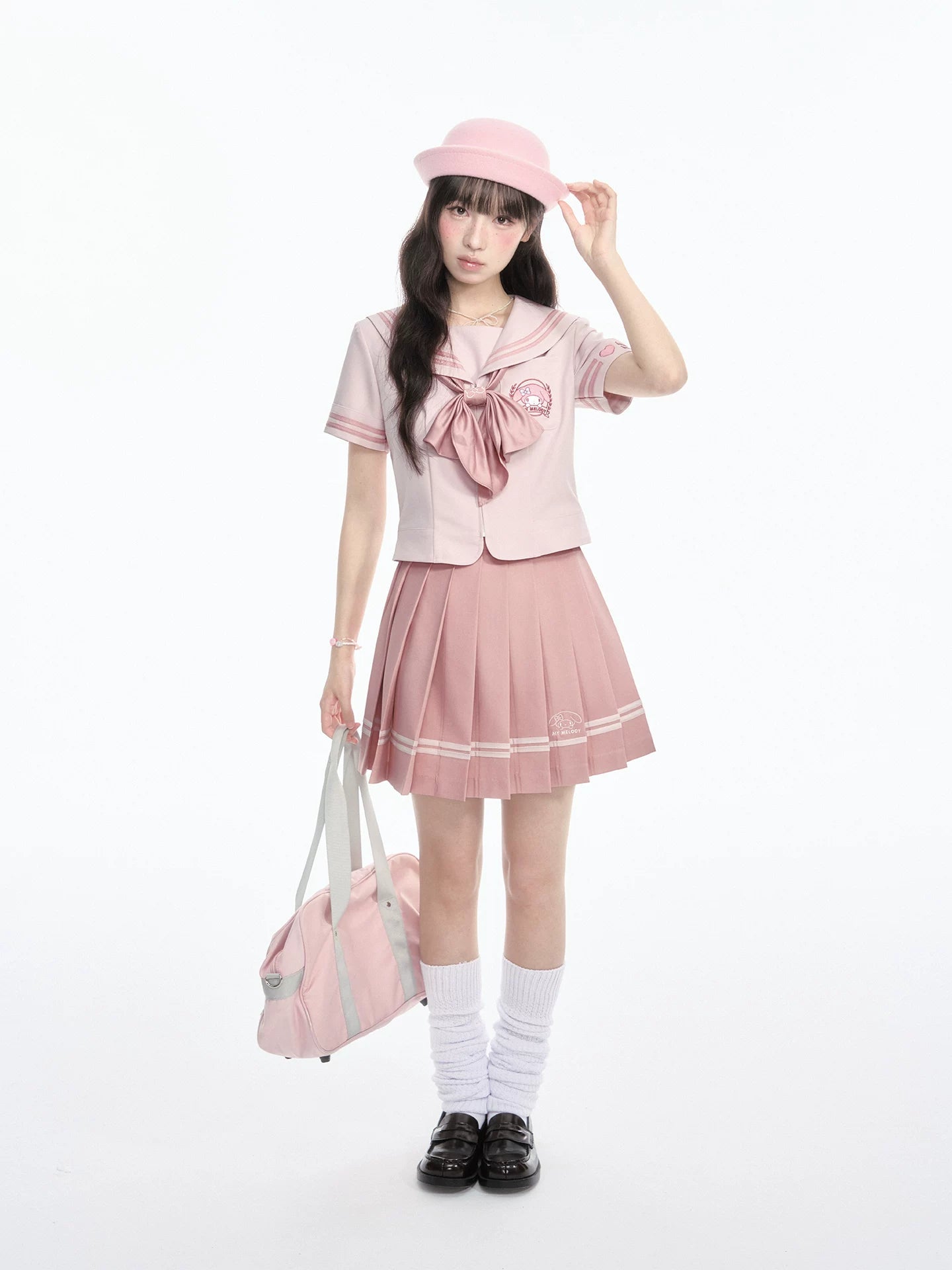 "Cherry Melody" Pink Sailor Uniform Set (Sailor Collar Shirt + Pleated Skirt + Ribbon Bow)