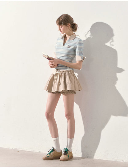 "The Space Between" Beige Drawstring Bubble Mini Skirt