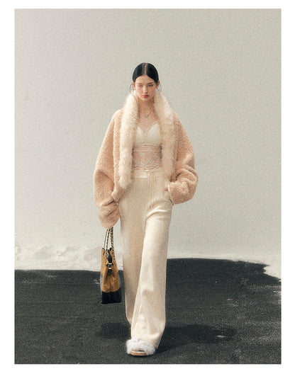 少也眼 "Velveted Sigh" Milk Tea Faux Cashmere Knit Jacket