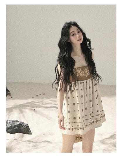 "Whispers Through the Wheat Fields" Oat Beige Floral Cami Babydoll Mini Dress
