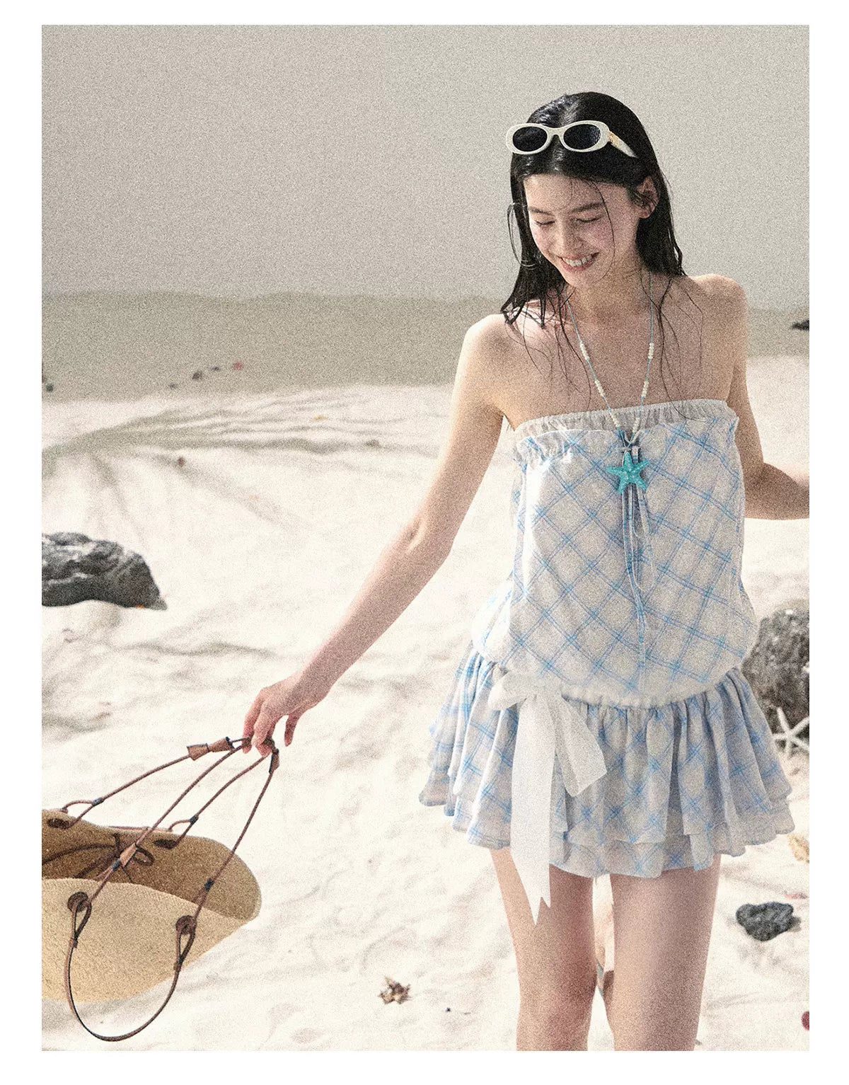 "Breeze Upon the Waves" Ice Crystal Blue Off-Shoulder Diamond Quilted Mini Dress