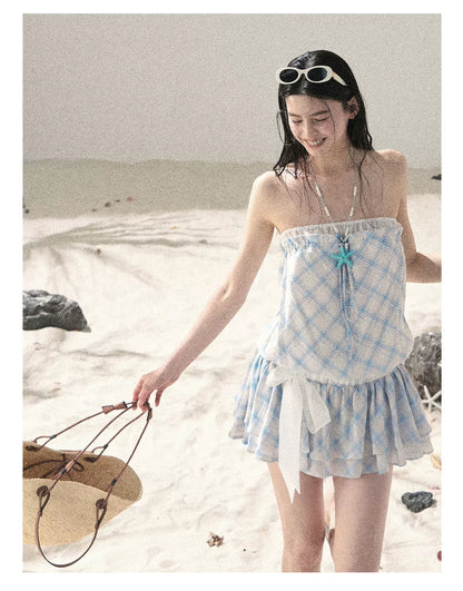 "Breeze Upon the Waves" Ice Crystal Blue Off-Shoulder Diamond Quilted Mini Dress
