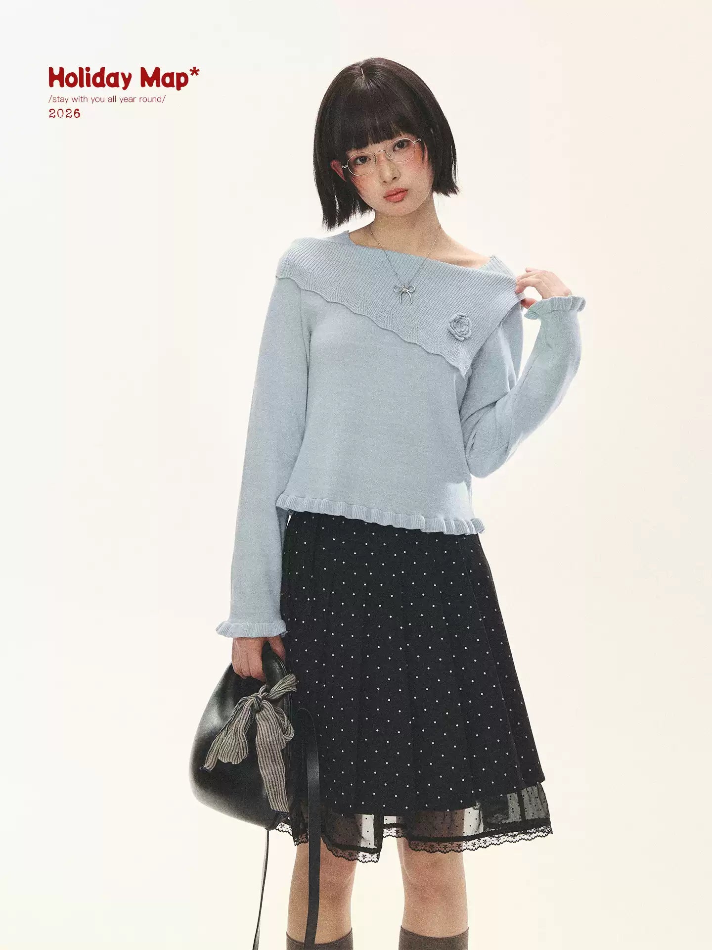 "Sea Salt Bloom" Sea Salt Blue Off-Shoulder Ruffle Knit Sweater